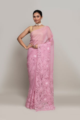 Shimmer Organza Saree with Appliqué Floral Embroidery – Code:ML25A105