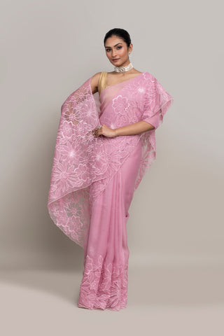Shimmer Organza Saree with Appliqué Floral Embroidery – Code:ML25A105