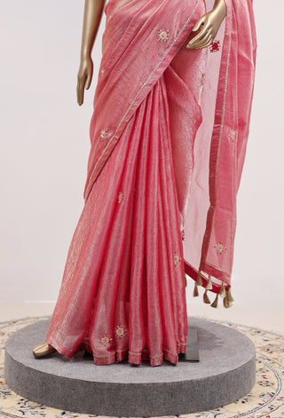 Shimmered Grace Organza Saree with Floral Handwork
