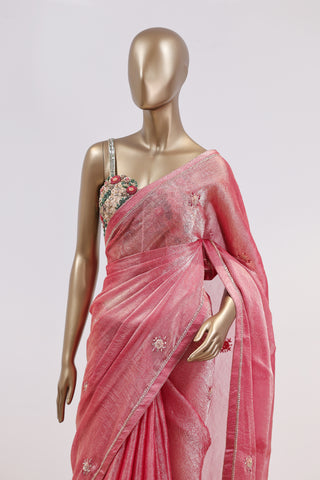 Shimmered Grace Organza Saree with Floral Handwork