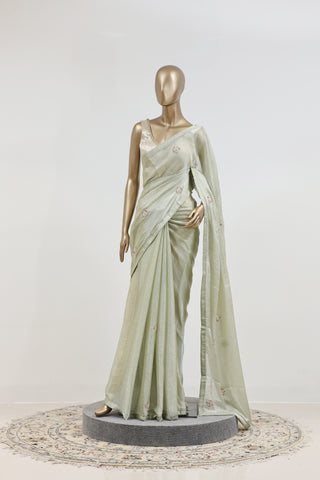 Shimmered Grace Organza Saree with Floral Handwork
