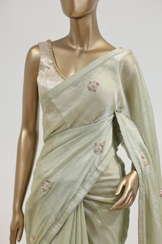 Shimmered Grace Organza Saree with Floral Handwork