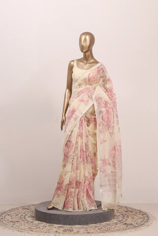 Floral Printed Linen Saree  – Code: ML25A124